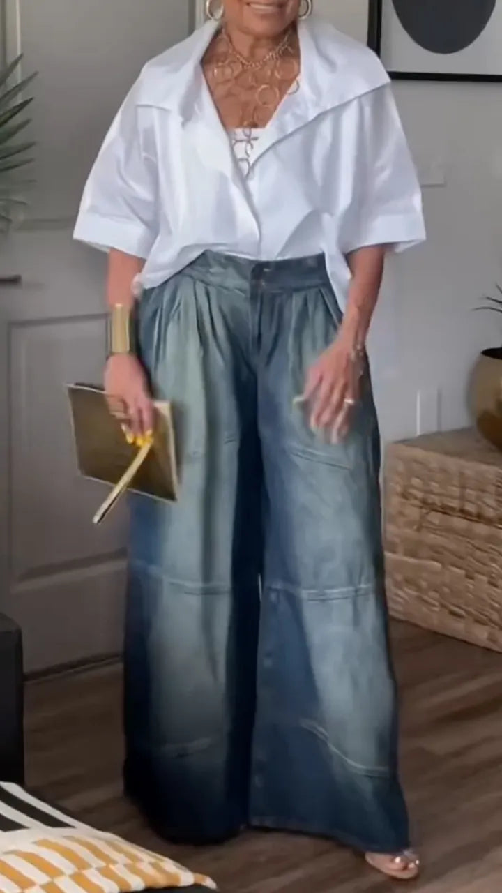 White Oversized Shirt & Denim Wide Leg Pants Set