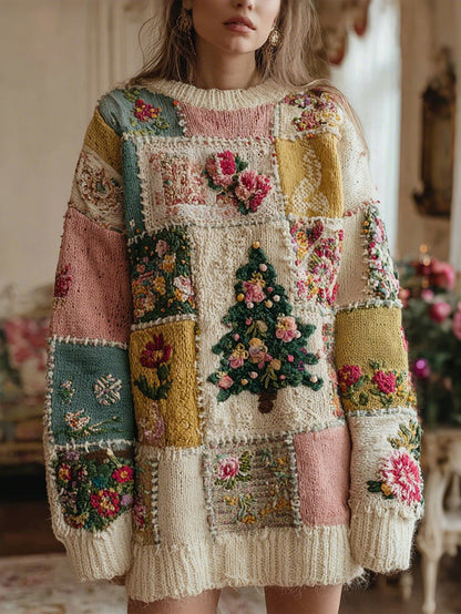 Women's Christmas Tree And Rose Pattern Knitted Crew Neck Sweater Dress