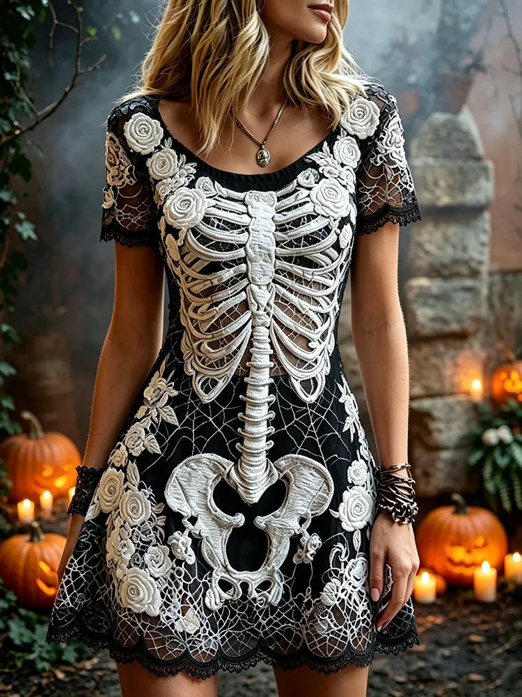 Women's Retro Halloween Skeleton Floral  Pattern Round Neck Short Sleeve Dress