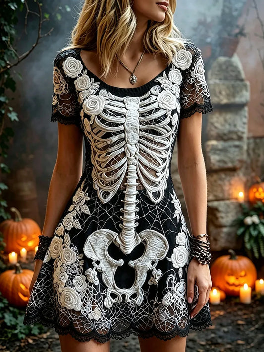 Women's Retro Halloween Skeleton Floral  Pattern Round Neck Short Sleeve Dress