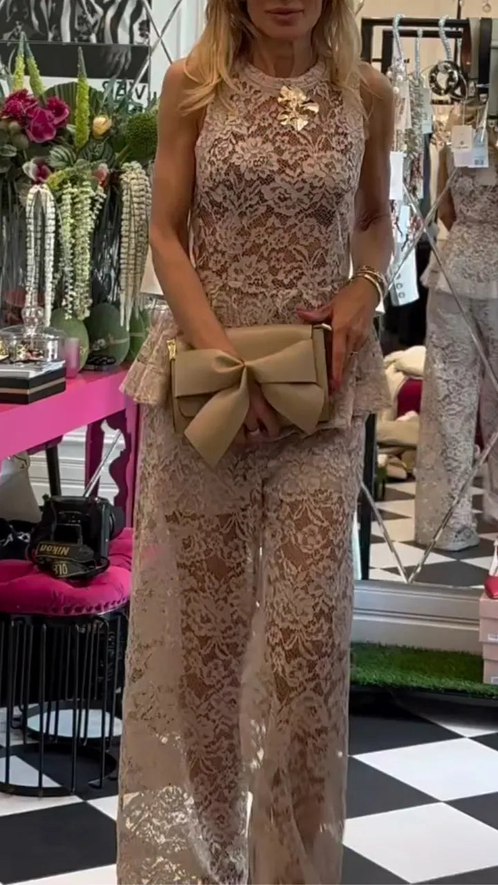 Floral Lace Peplum Top & Wide Leg Pants Co‑Ord Set