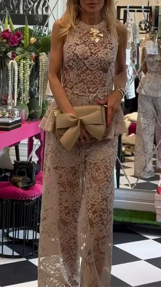Floral Lace Peplum Top & Wide Leg Pants Co‑Ord Set