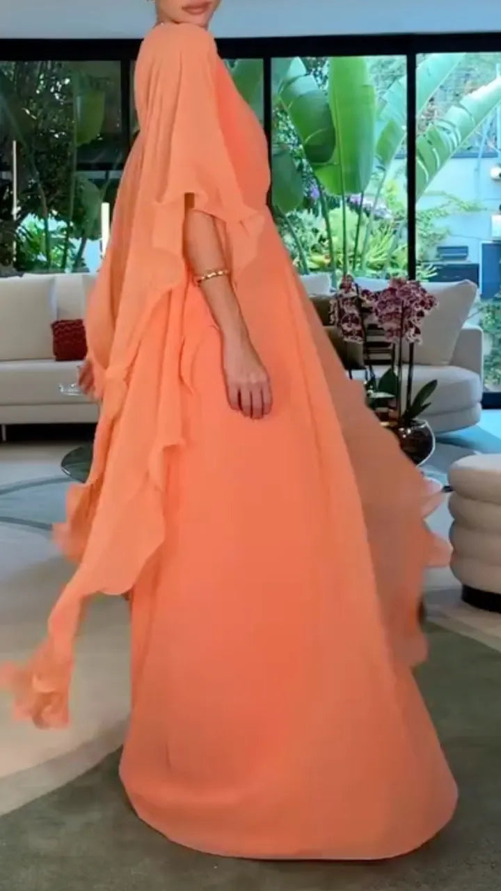 Orange Chiffon Cape-Sleeve Gown