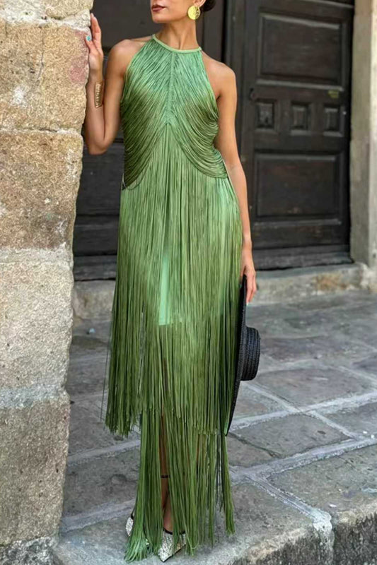 Green Halter Fringe Midi Dress