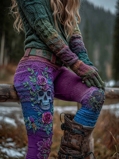 Women's Vintage Viking Skull And Rose Gradient Art Knit Leggings