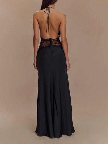 Deep V silk satin maxi dress with halterneck