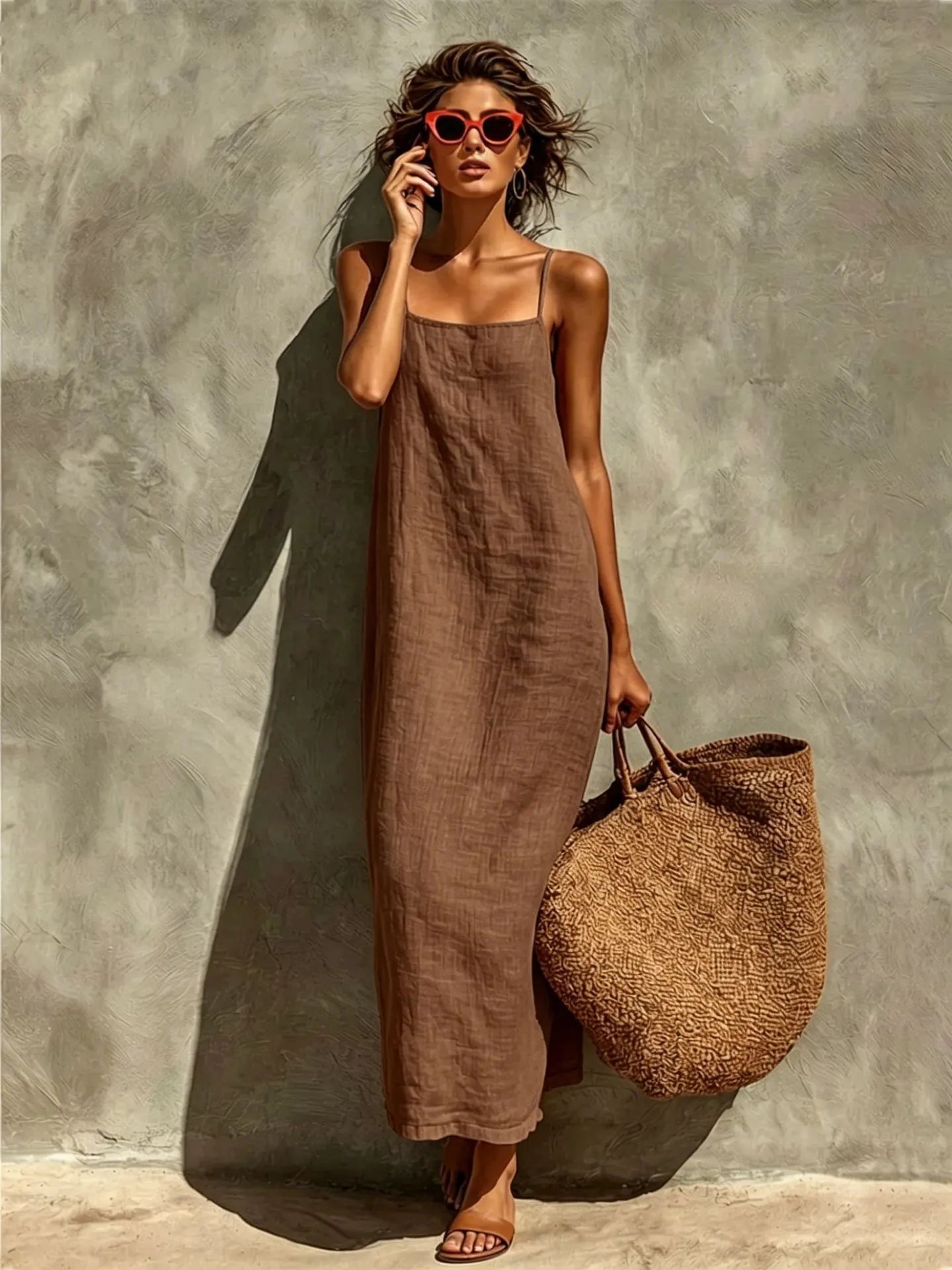 Red Faux Linen Suspender Square Neck Maxi Dress