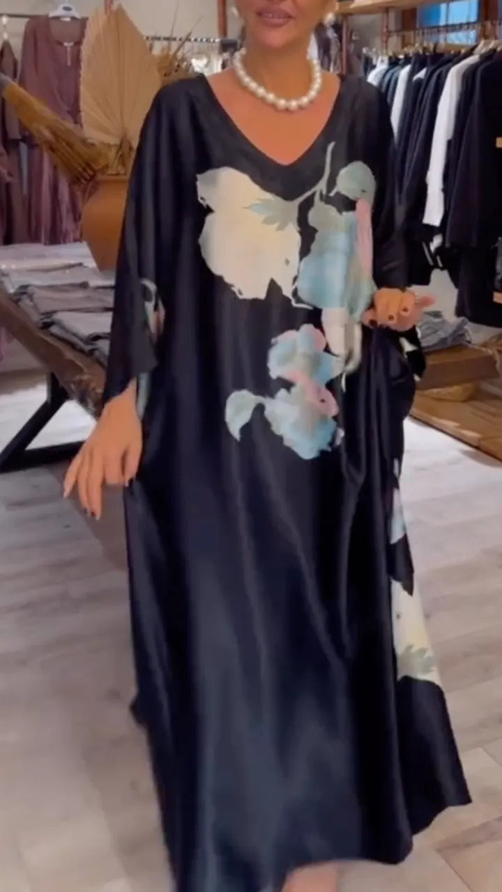 Satin Watercolor Floral Print Loose Maxi Dress