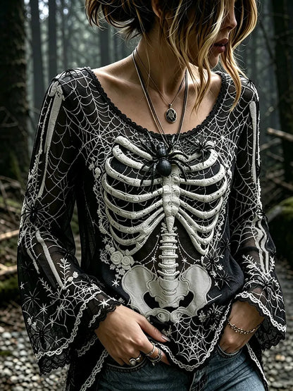 Women's Vintage Gothic Spider Web Human Skeletal And Rose Art Long Sleeve T-shirt