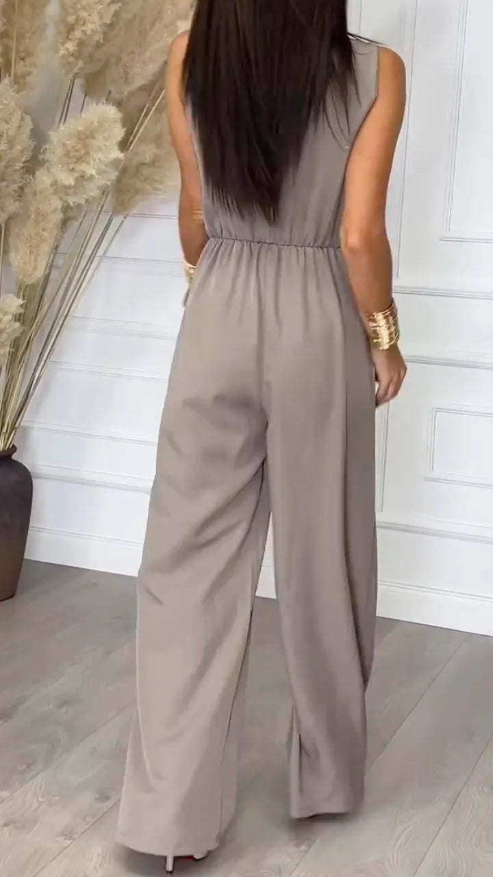 Women's Khaki Overlap V-Neck Sleeveless Jumpsuit