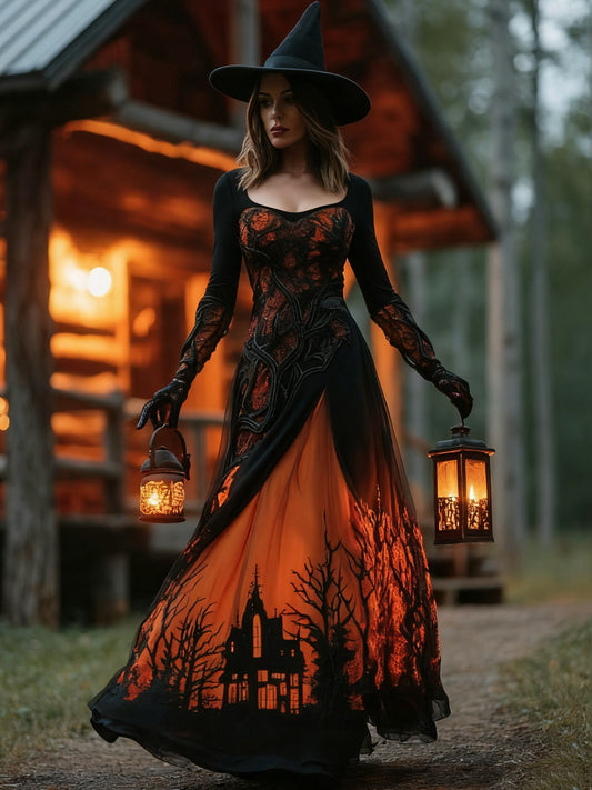 Women's Halloween Horror Treehouse Design Witch Maxi Dress