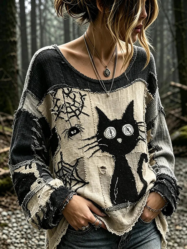 Women's Vintage Shock Spider Black Cat Patchwork Art Long Sleeve T-shirt