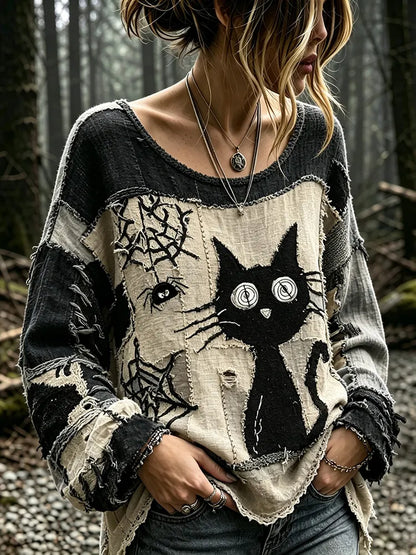 Women's Vintage Shock Spider Black Cat Patchwork Art Long Sleeve T-shirt