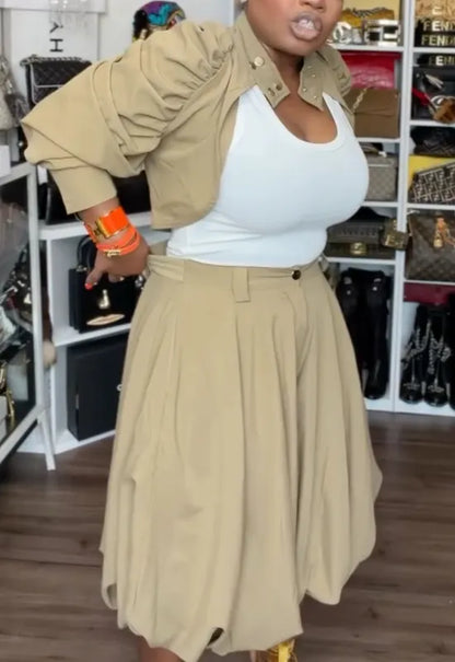 Khaki Gold Stud Collar Shrug & Bubble Midi Skirt Matching Set