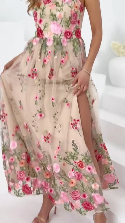 Apricot One-Shoulder Embroidered Floral Slit Maxi Dress