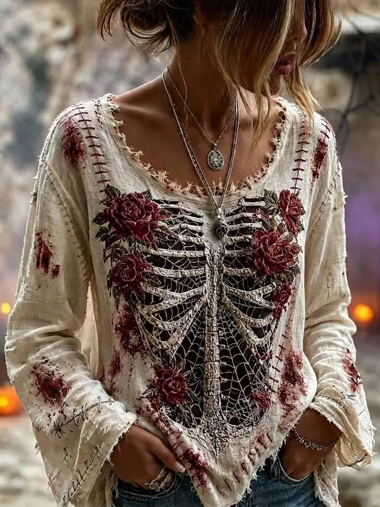 Women's Retro Halloween Skull And Spiderweb Bloody Pattern Crew Neck Long Sleeve T-shirt