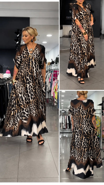 Leopard Print V‑Neck Chiffon Kaftan Dress