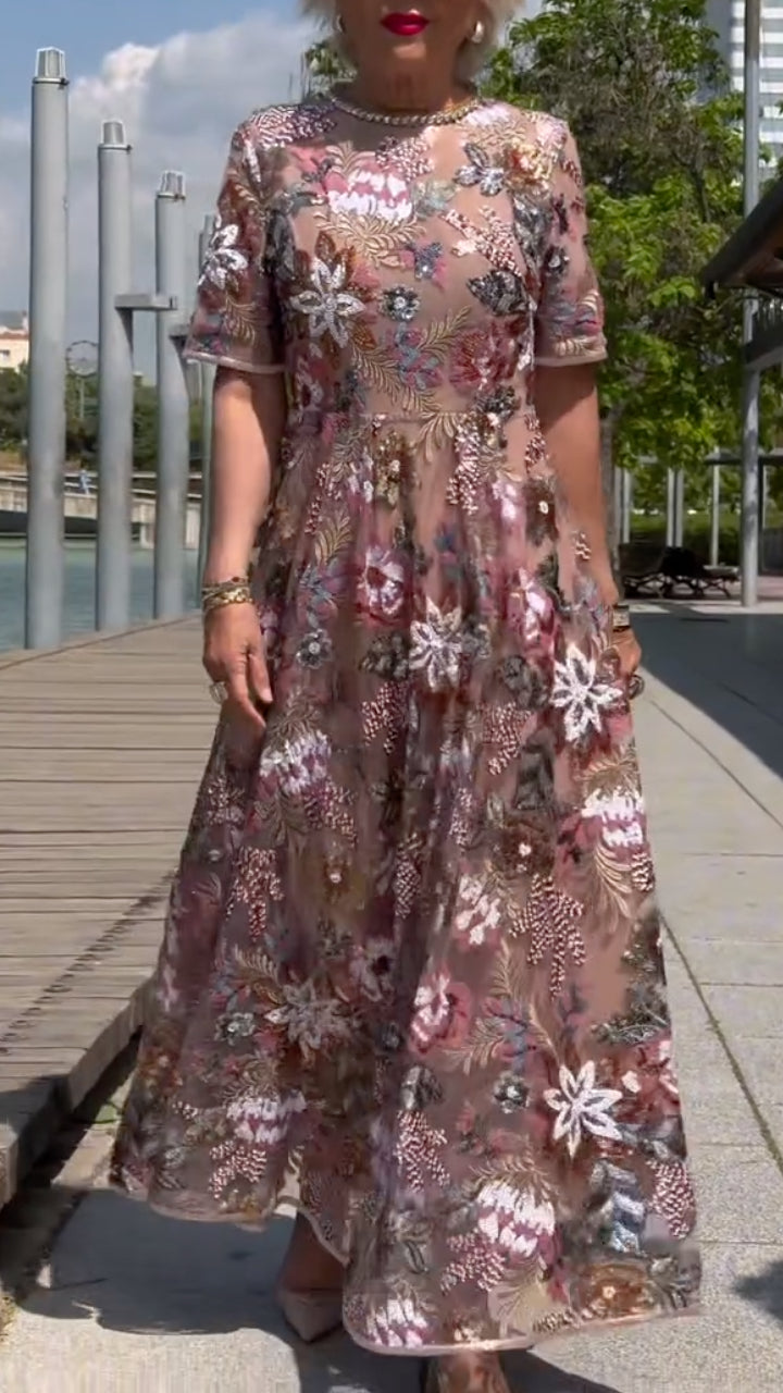 Floral Embroidered Tulle Midi Dress