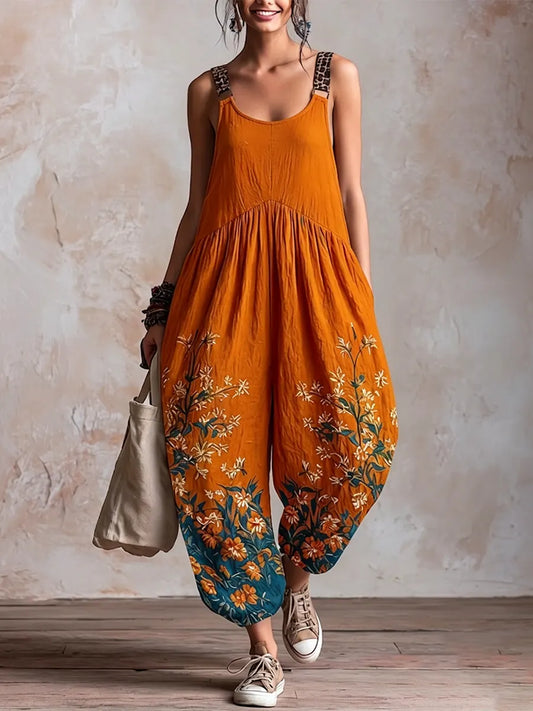 Leopard-print Wide-strap Floral Print Loose Lantern-style Jumpsuit