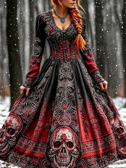 Women's Vintage Halloween Skull Pattern Art Long Sleeve Casual Midi Dress