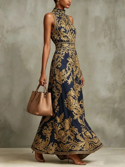 Navy Blue And Gold Baroque Print Halter Neck Sleeveless Maxi Dress