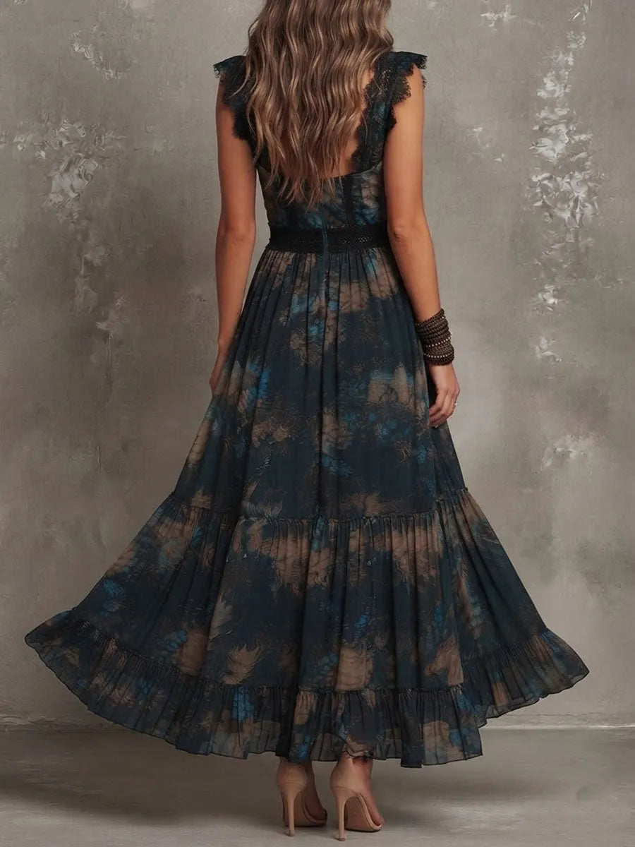 Vintage Dark Green Floral Lace-trimmed Chiffon maxi Dress