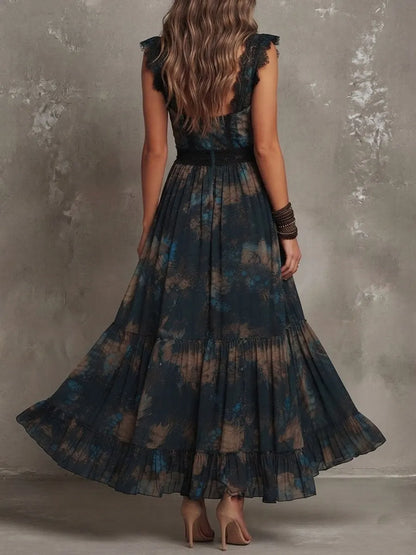 Vintage Dark Green Floral Lace-trimmed Chiffon maxi Dress