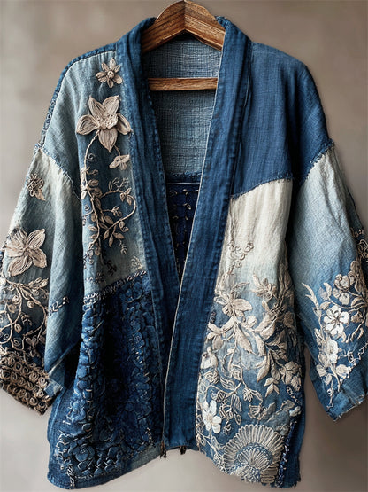 Floral Lace Fiber Art Japanese Sashiko Patchwork Linen Kimono