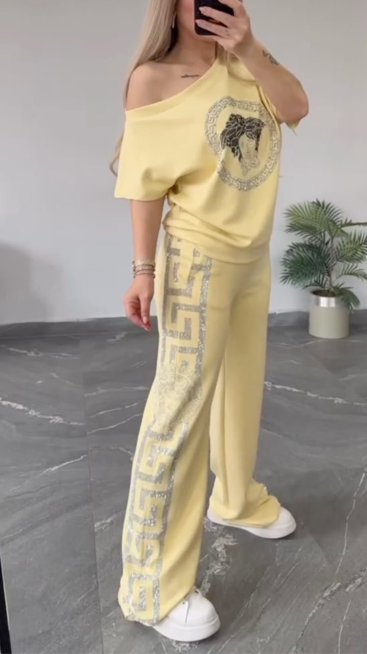 Rhinestone Trim Medusa Print Tracksuit Set