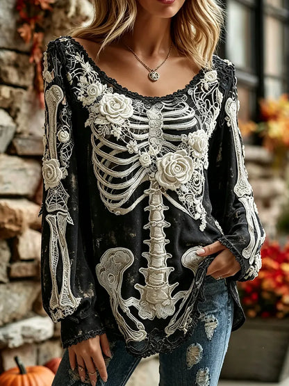Women's Vintage Skeleton Rose Floral Art Long Sleeve T-shirt