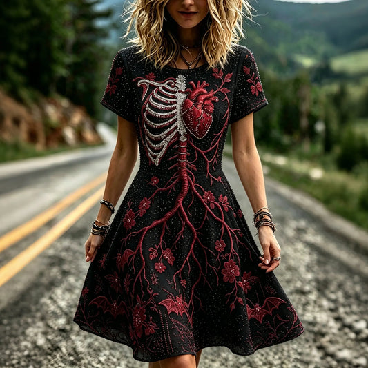 Women's Retro Halloween Skull Heart Bloodline Pattern Round Neck Short Sleeve Dress