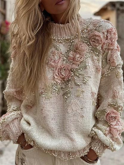 Women's Vintage Roses Art Knit Turtleneck Sweater