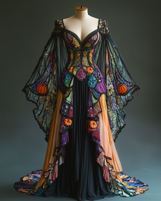 Women's Halloween Bat Wing Sleeve Contrast Cape Dress 5c50