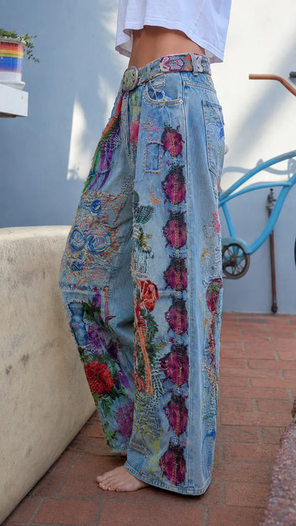 Colorful Floral Embroidered Wide-Leg Jeans