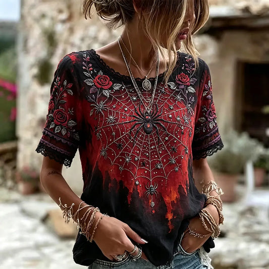 Vintage Halloween Spider And Rose Art Lace Embroidery Gradient Distressed Cotton Linen Crew Neck Short Sleeve Top