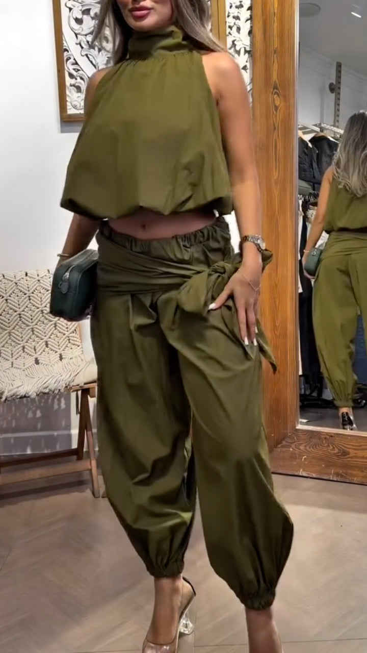 Halter Crop Top & Wrap Tie Harem Pants Two‐Piece Set