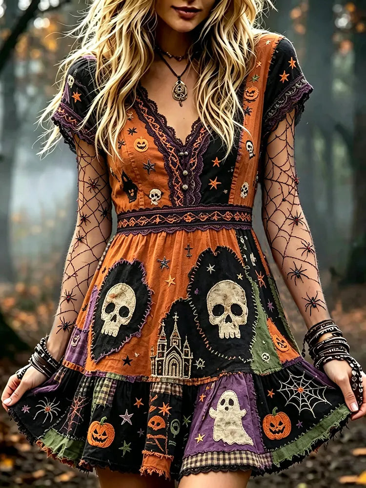 Women's Halloween Stitched Skeleton And Ghost Art Color-block Patchwork Casual V-neck Short Sleeve Dress