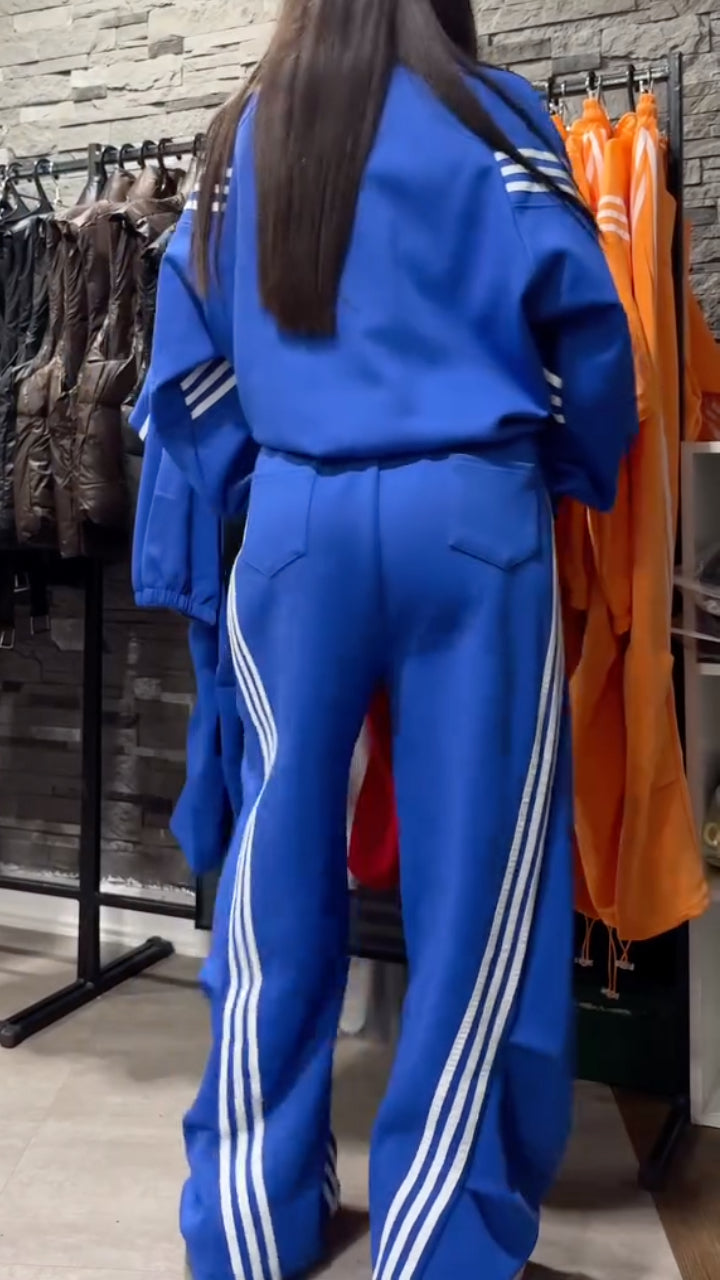 3-Stripe Athletic Zip-Up Sweatshirt + Wide-Leg Pants Set