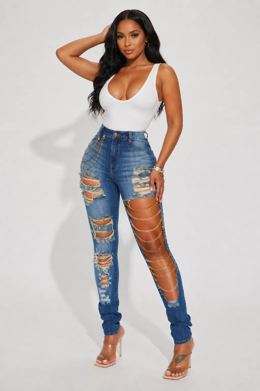 High Waist Distressed Ripped Denim Skinny Jeans