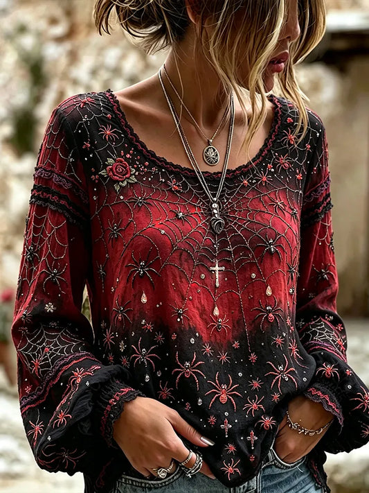 Women's Vintage Halloween Spider And Rose Art Distressed Crewneck Long Sleeve Top