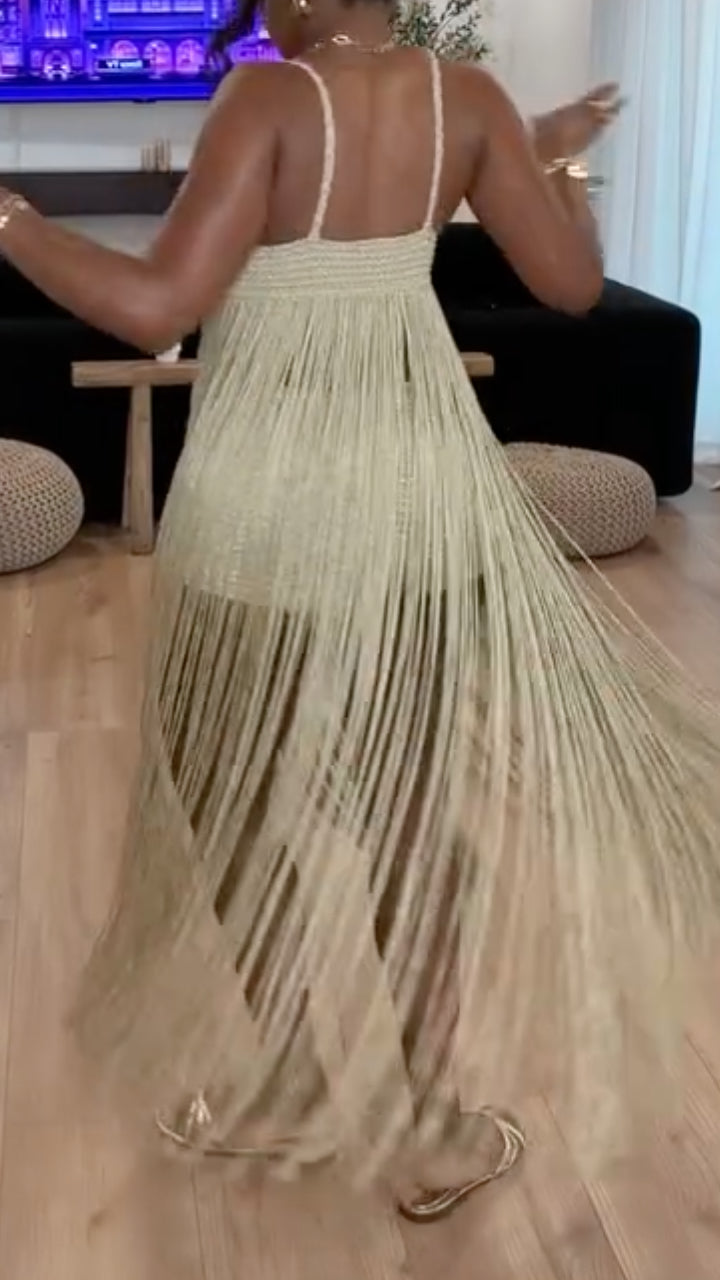Gold Metallic Fringe Halter Neck Sleeveless Jumpsuit