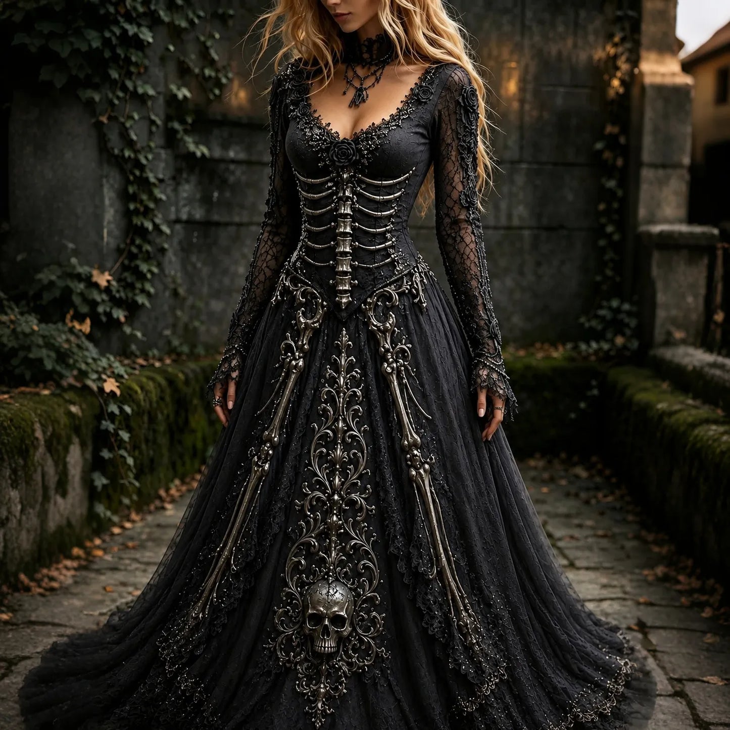 Women's Retro Gothic Skull Pattern Maxi Halloween Dress
