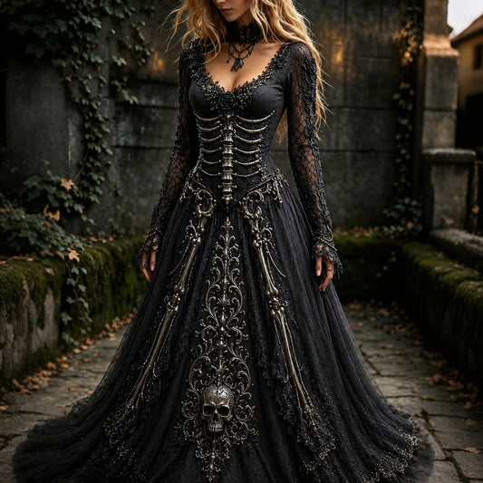 Women's Retro Gothic Skull Pattern Maxi Halloween Dress