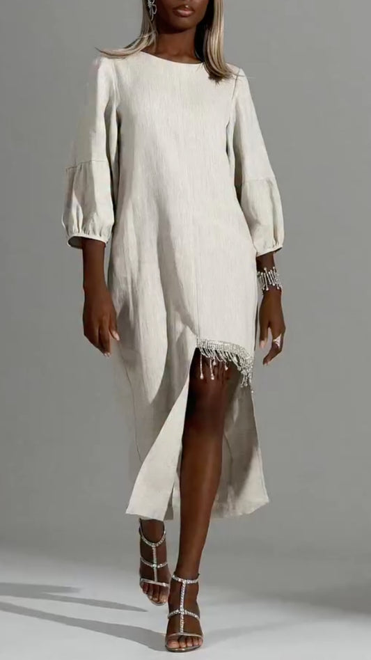 Beige Linen Fringe‑Slit Midi Dress