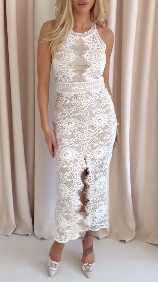 White Lace Halter Neck Midi Dress