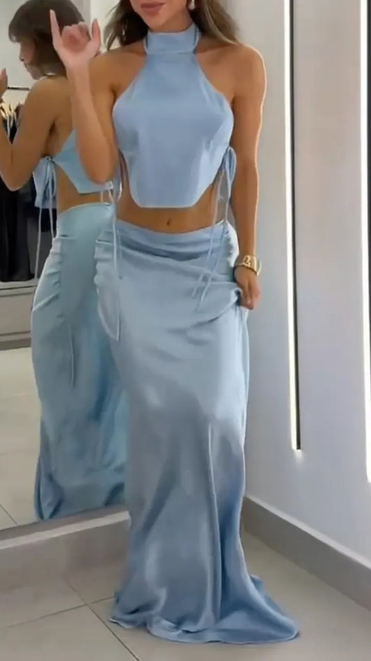 Halter Neck Crop Top + Ruched Maxi Skirt Set