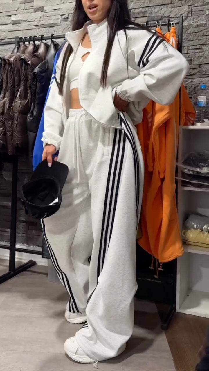 3-Stripe Athletic Zip-Up Sweatshirt + Wide-Leg Pants Set