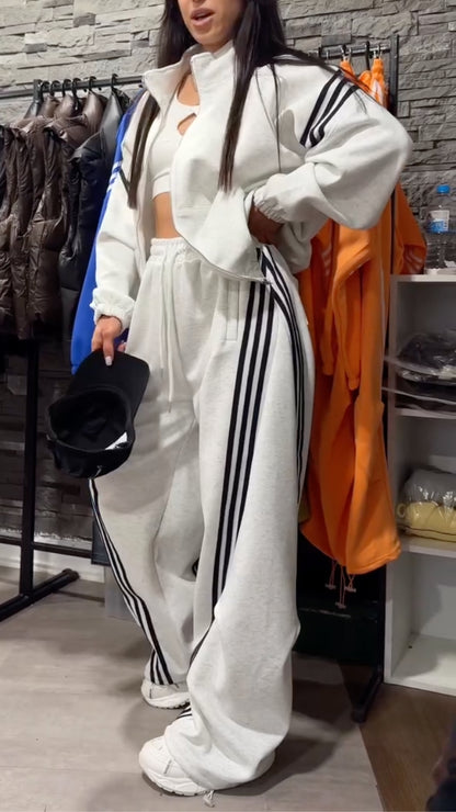 3-Stripe Athletic Zip-Up Sweatshirt + Wide-Leg Pants Set