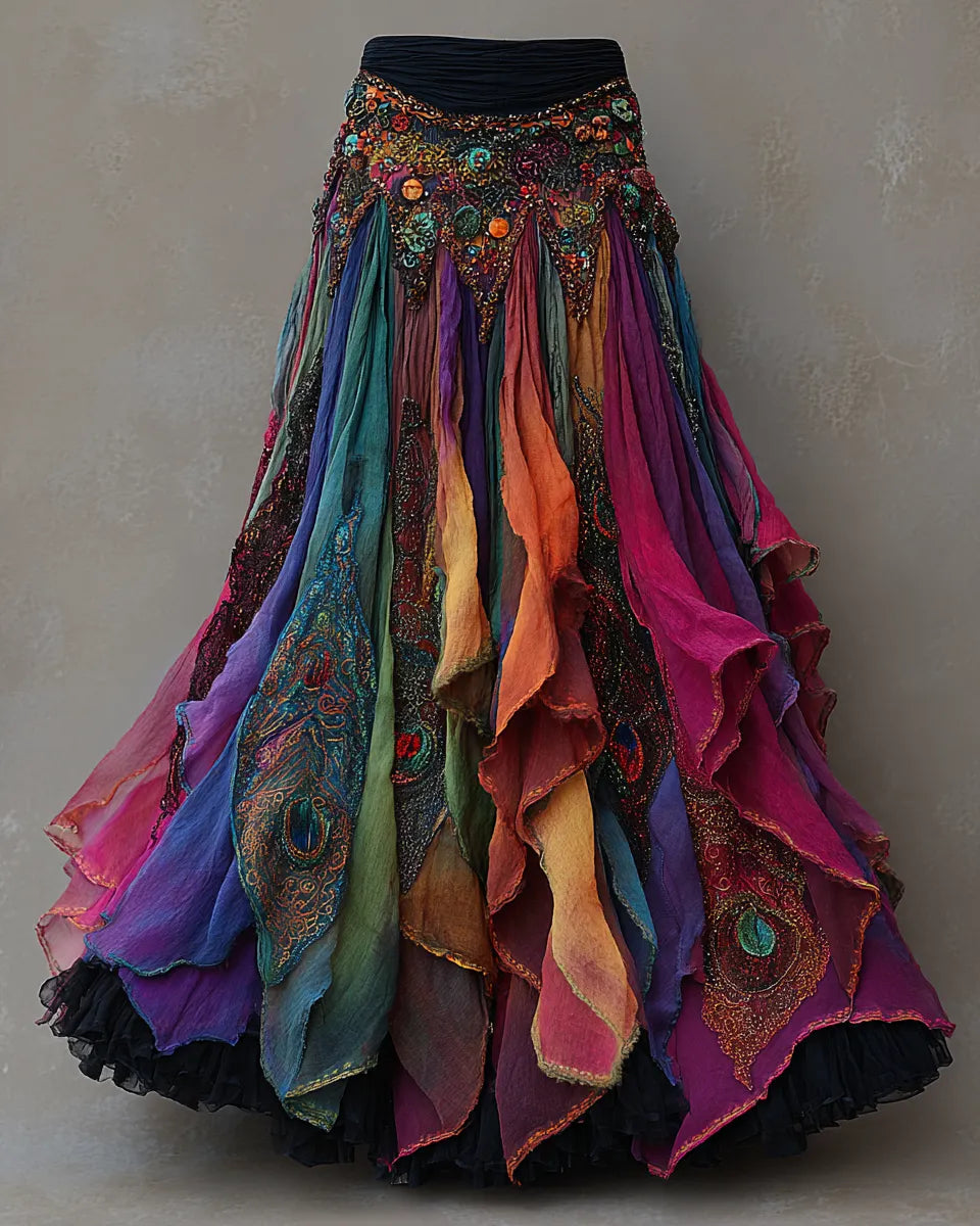 Elegant Patchwork Ruffle Skirt  60f1