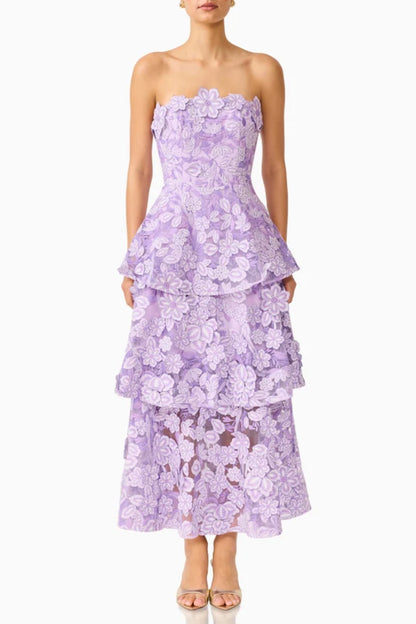 Strapless 3D Floral Tiered Midi Dress